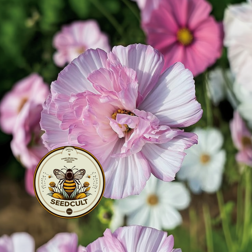 Cupcake Cosmos Seeds Mix, Blush Pink and White, Cups and Saucers, Double Pom Pom Blooms, Cottage Garden Annual, All Zones, CO0225