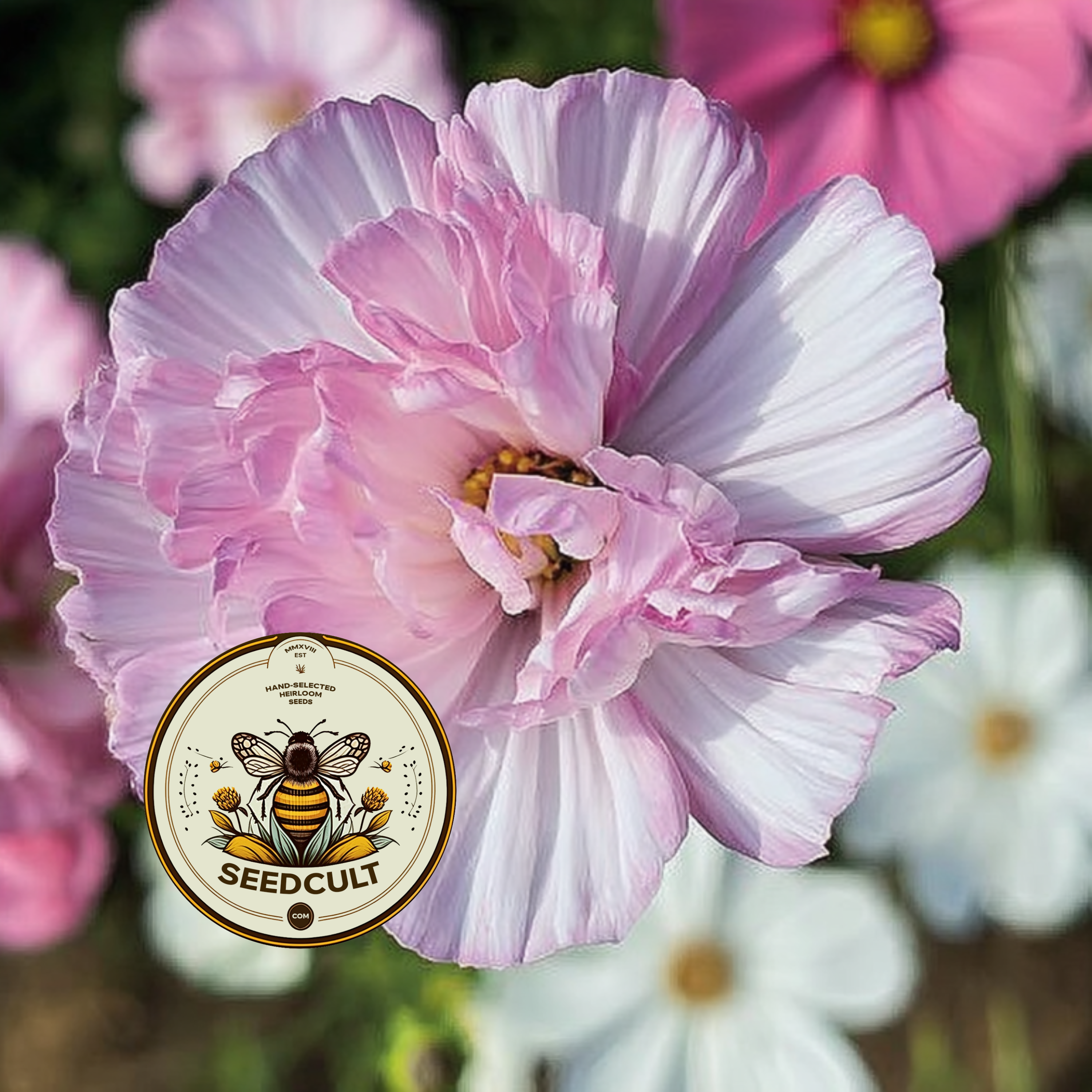 Cupcake Cosmos Seeds Mix, Blush Pink and White, Cups and Saucers, Double Pom Pom Blooms, Cottage Garden Annual, All Zones, CO0225